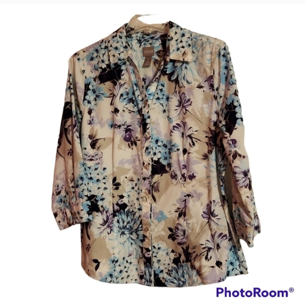 CHICO'S 3/4 SLEEVE WRINKLE FREE BLOUSE CHICO'S SIZE 2 EXCELLENT CONDITION